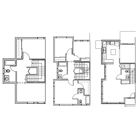 Three floor plans of a house with different layouts.